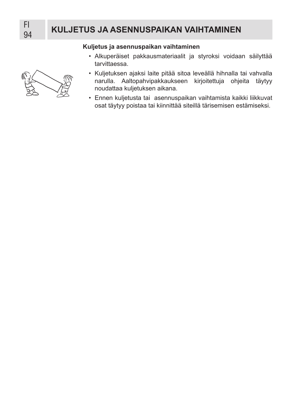 Fi 94 kuljetus ja asennuspaikan vaihtaminen | GRAM FSI 401754 N/1 User Manual | Page 94 / 123