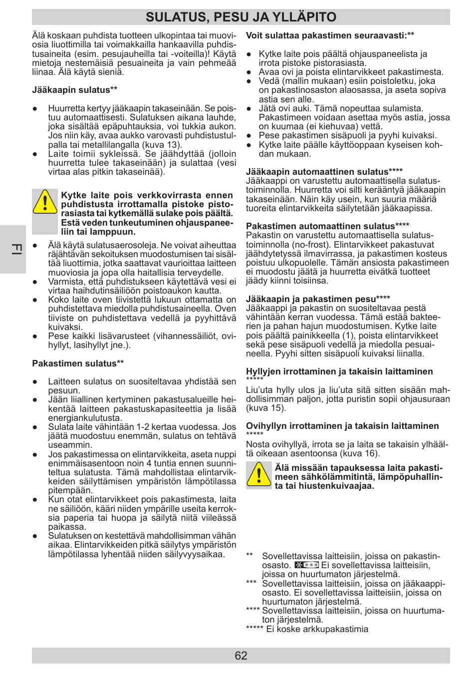 Sulatus, pesu ja ylläpito | GRAM FB 3413-90/1 User Manual | Page 62 / 68