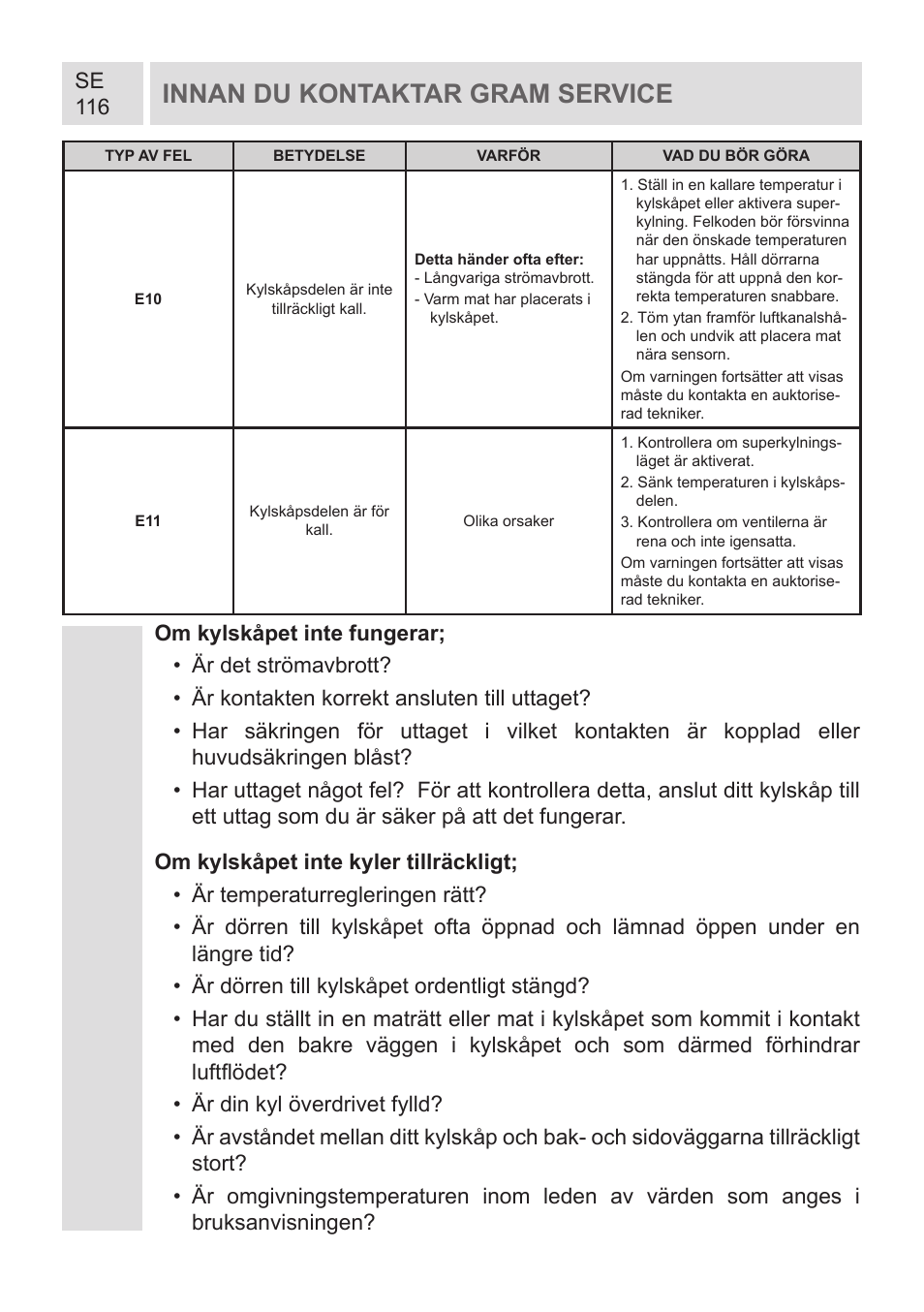 Innan du kontaktar gram service, Se 116 | GRAM KF 482064 FN/1 User Manual | Page 117 / 124