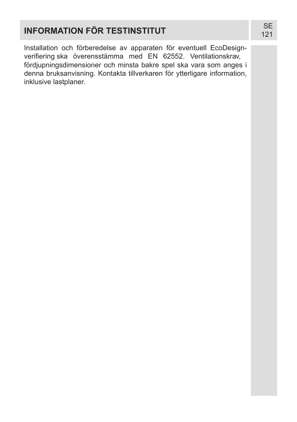 Information för testinstitut | GRAM KF 482064 FN/1 User Manual | Page 122 / 124