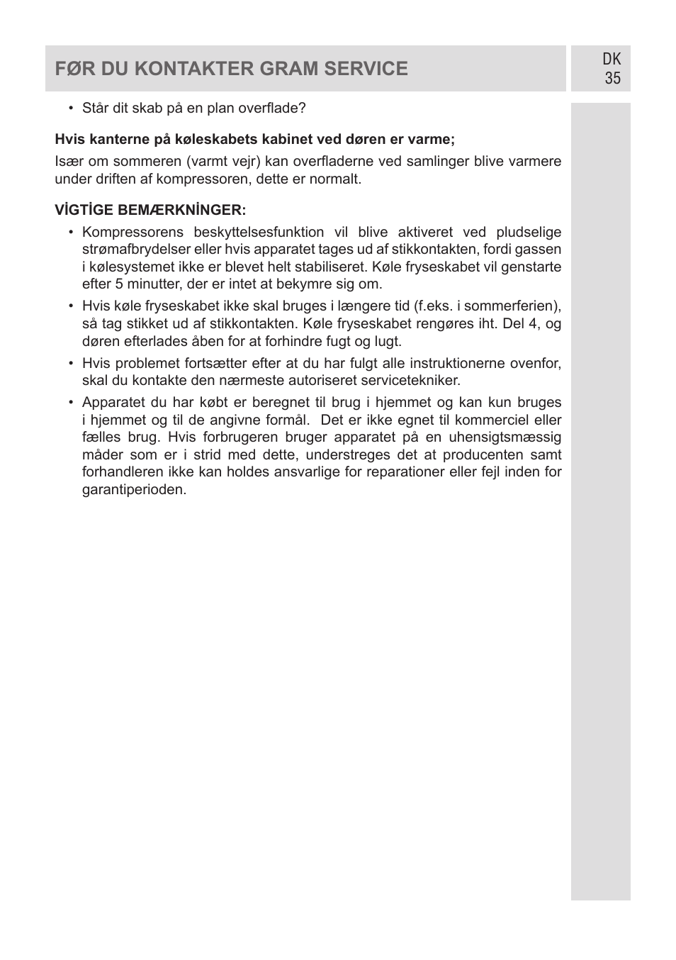 Før du kontakter gram service | GRAM KF 482064 FN/1 User Manual | Page 36 / 124