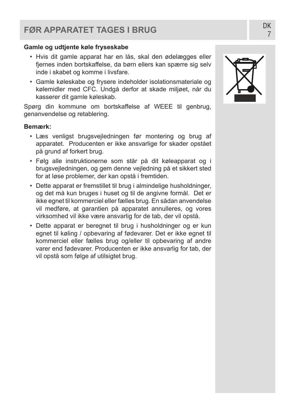 Før apparatet tages i brug | GRAM KF 482064 FN/1 User Manual | Page 8 / 124
