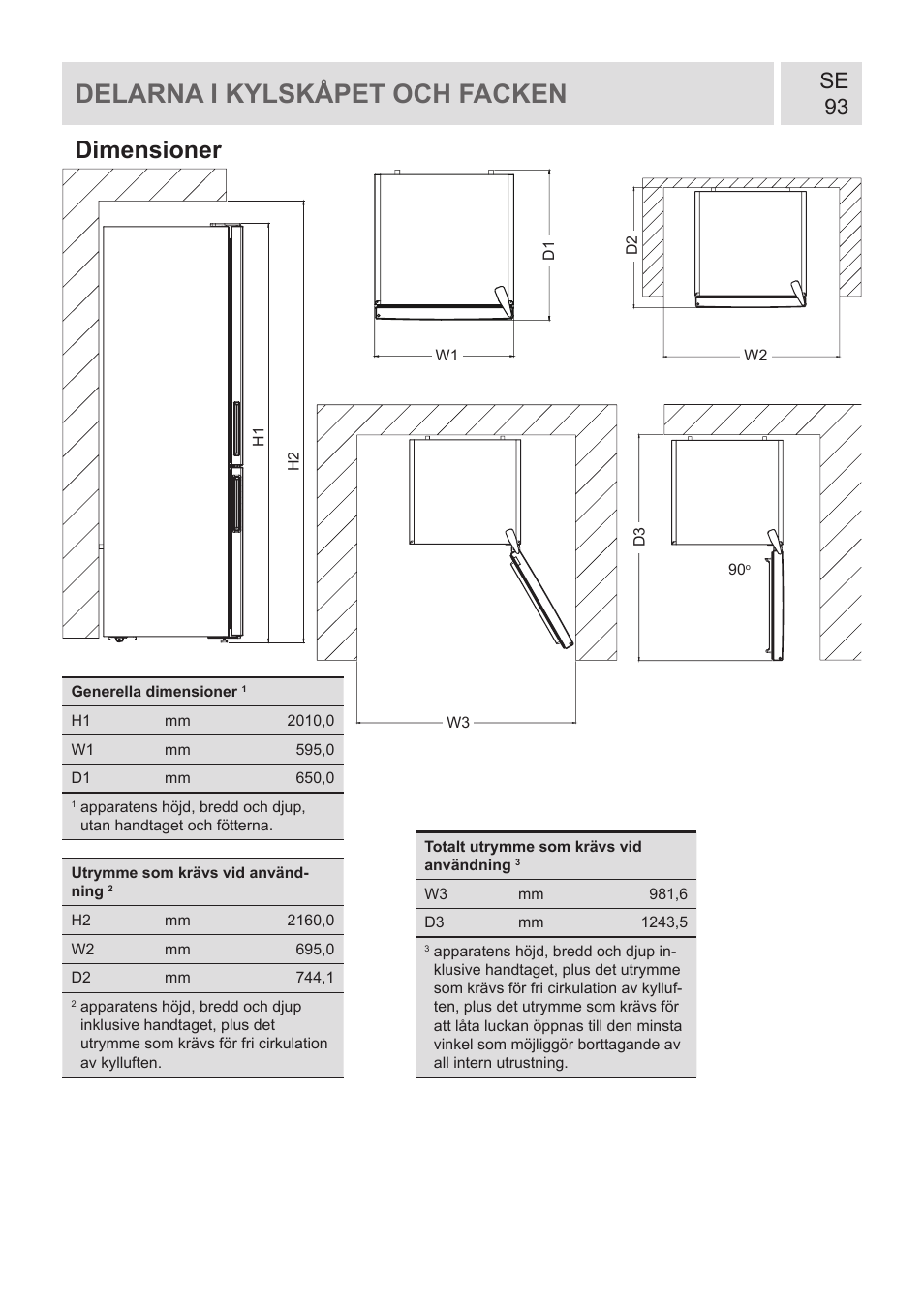 Delarna i kylskåpet och facken, Dimensioner, Se 93 | GRAM KF 482064 FN/1 User Manual | Page 94 / 124