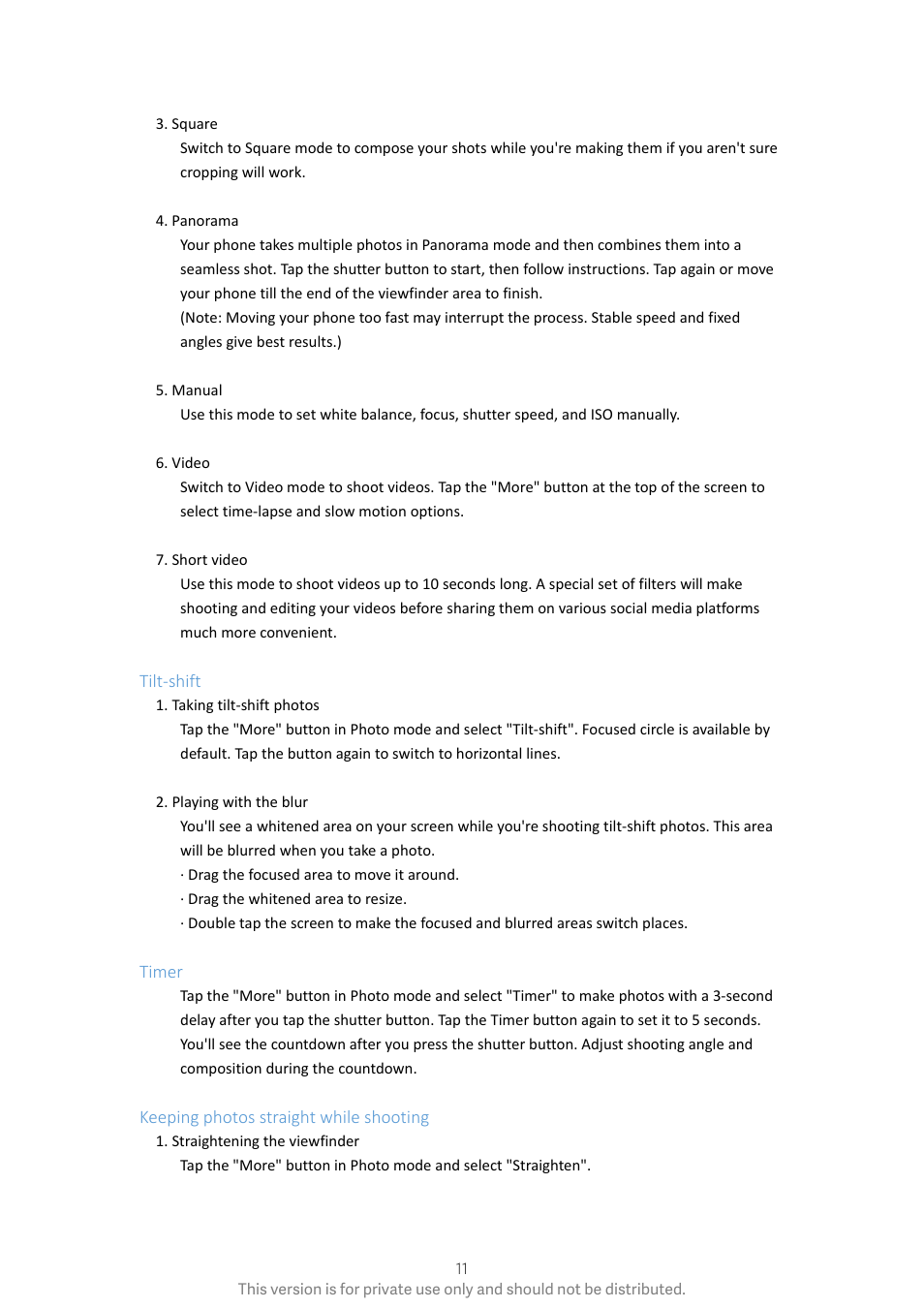 Tilt-shift, Timer, Keeping photos straight while shooting | Xiaomi Phone Generic User Manual | Page 12 / 54