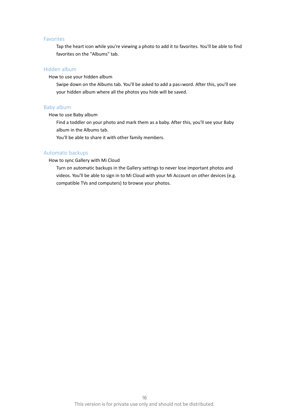 Favorites, Hidden album, Baby album | Automatic backups | Xiaomi Phone Generic User Manual | Page 17 / 54