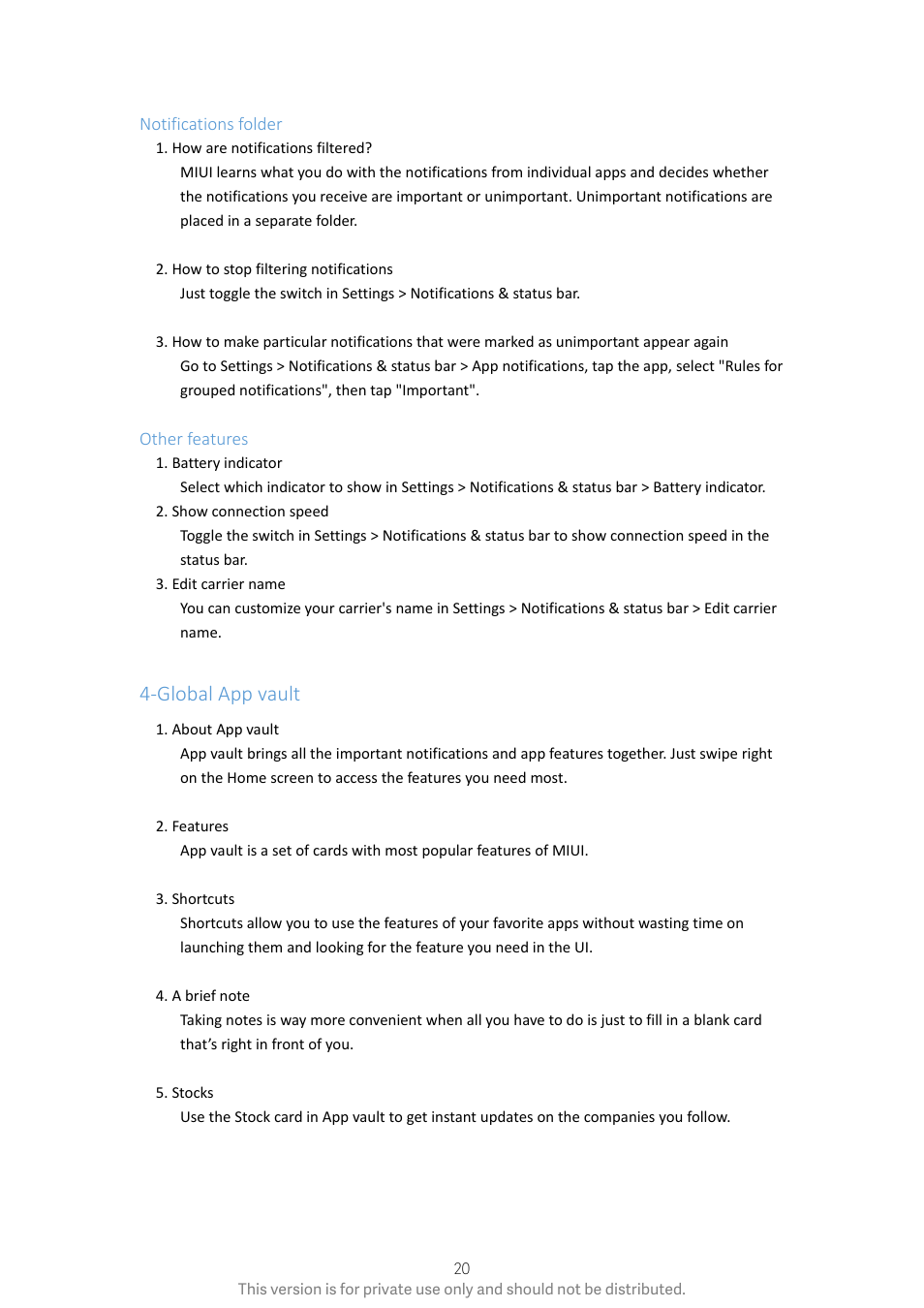 Notifications folder, Other features, Global app vault | Notifications folder other features | Xiaomi Phone Generic User Manual | Page 21 / 54