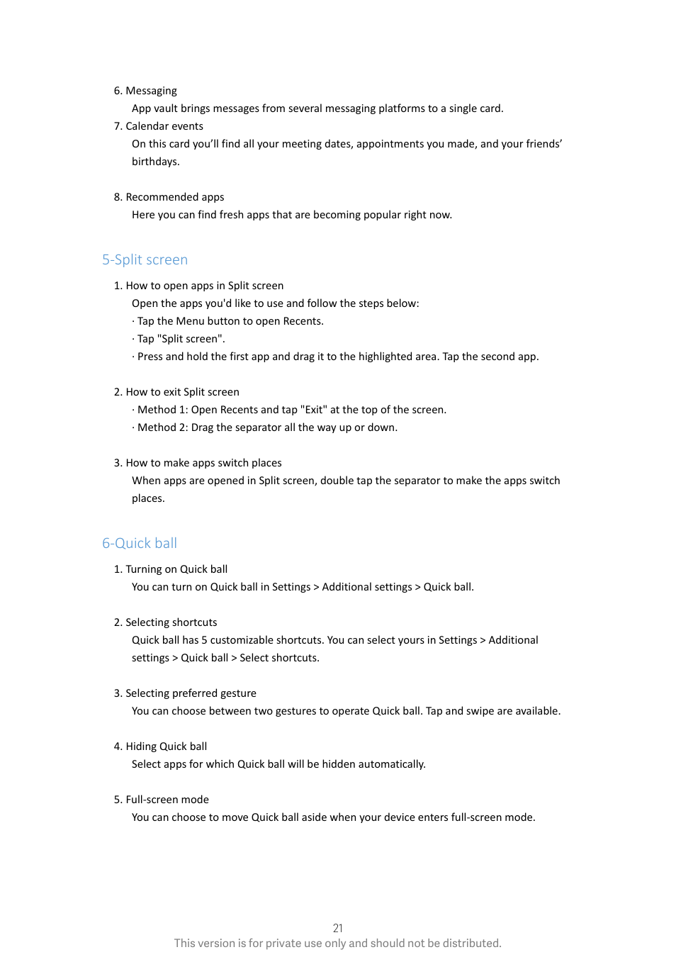 Split screen, Quick ball, Split screen 6-quick ball | Xiaomi Phone Generic User Manual | Page 22 / 54