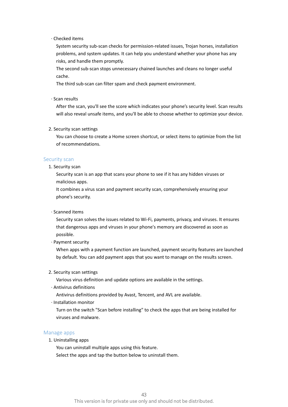 Security scan, Manage apps, Security scan manage apps | Xiaomi Phone Generic User Manual | Page 44 / 54