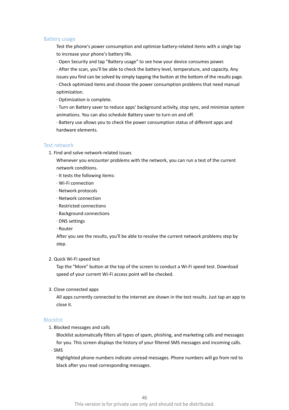 Battery usage, Test network, Blocklist | Battery usage test network blocklist | Xiaomi Phone Generic User Manual | Page 47 / 54