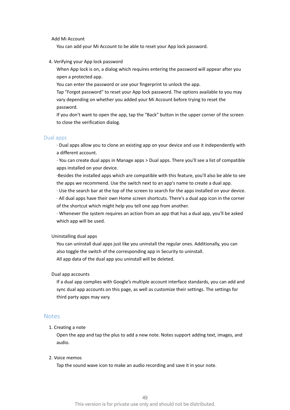 Dual apps, Notes | Xiaomi Phone Generic User Manual | Page 50 / 54