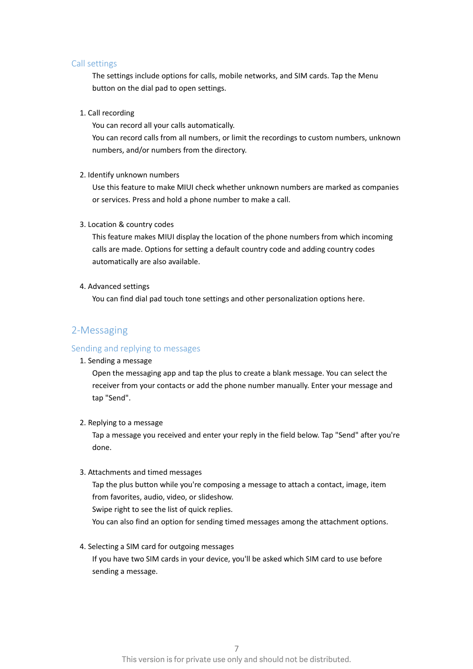 Call settings, Messaging, Sending and replying to messages | Xiaomi Phone Generic User Manual | Page 8 / 54