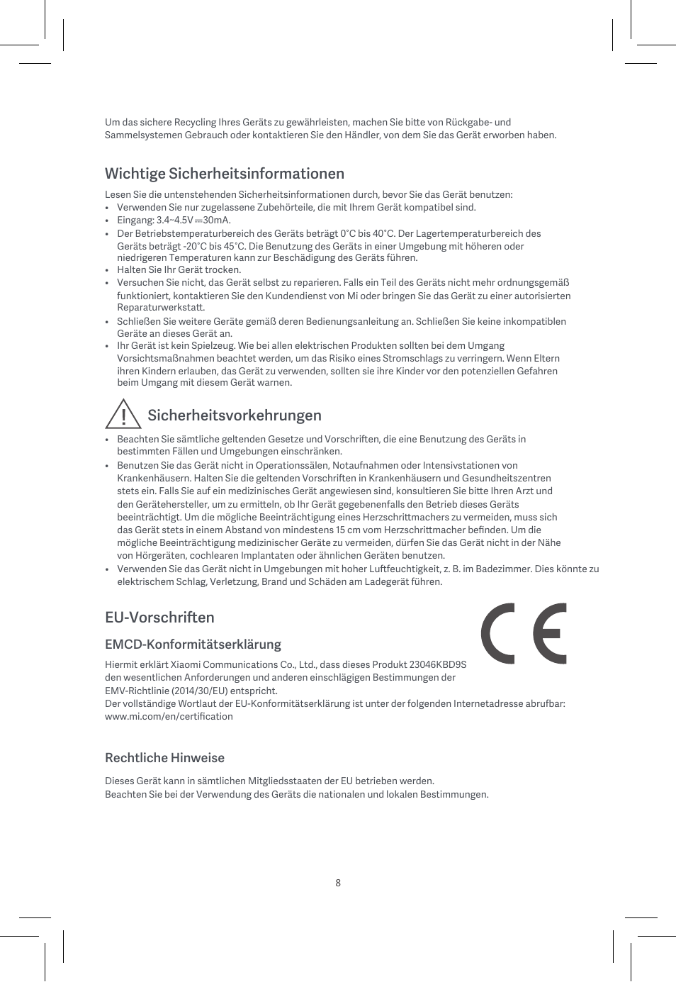 Wichtige sicherheitsinformationen, Sicherheitsvorkehrungen, Eu-vorschriften | Emcd-konformitätserklärung, Rechtliche hinweise | Xiaomi Pad 6 User Manual | Page 10 / 32