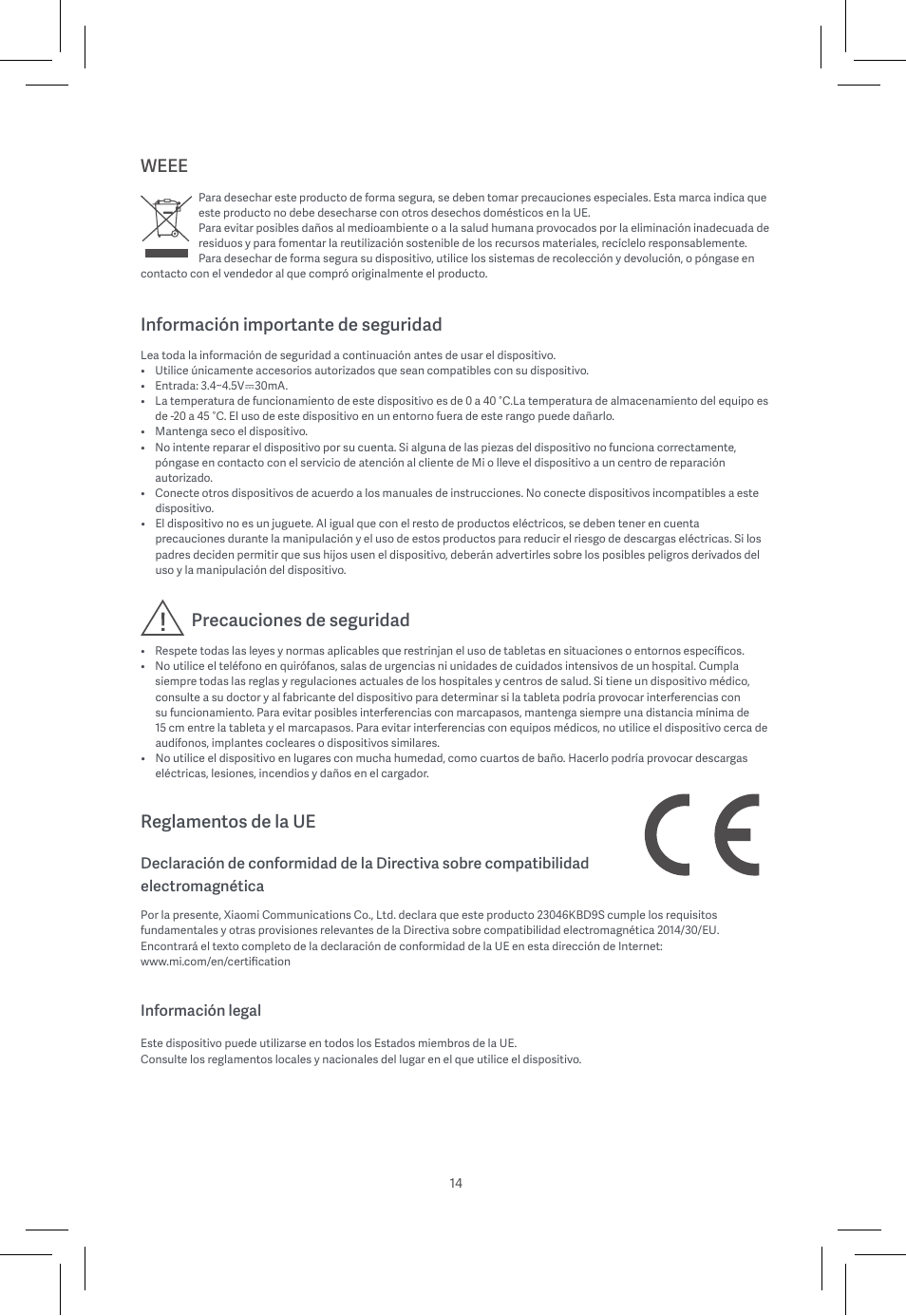 Weee, Información importante de seguridad, Precauciones de seguridad | Reglamentos de la ue | Xiaomi Pad 6 User Manual | Page 16 / 32