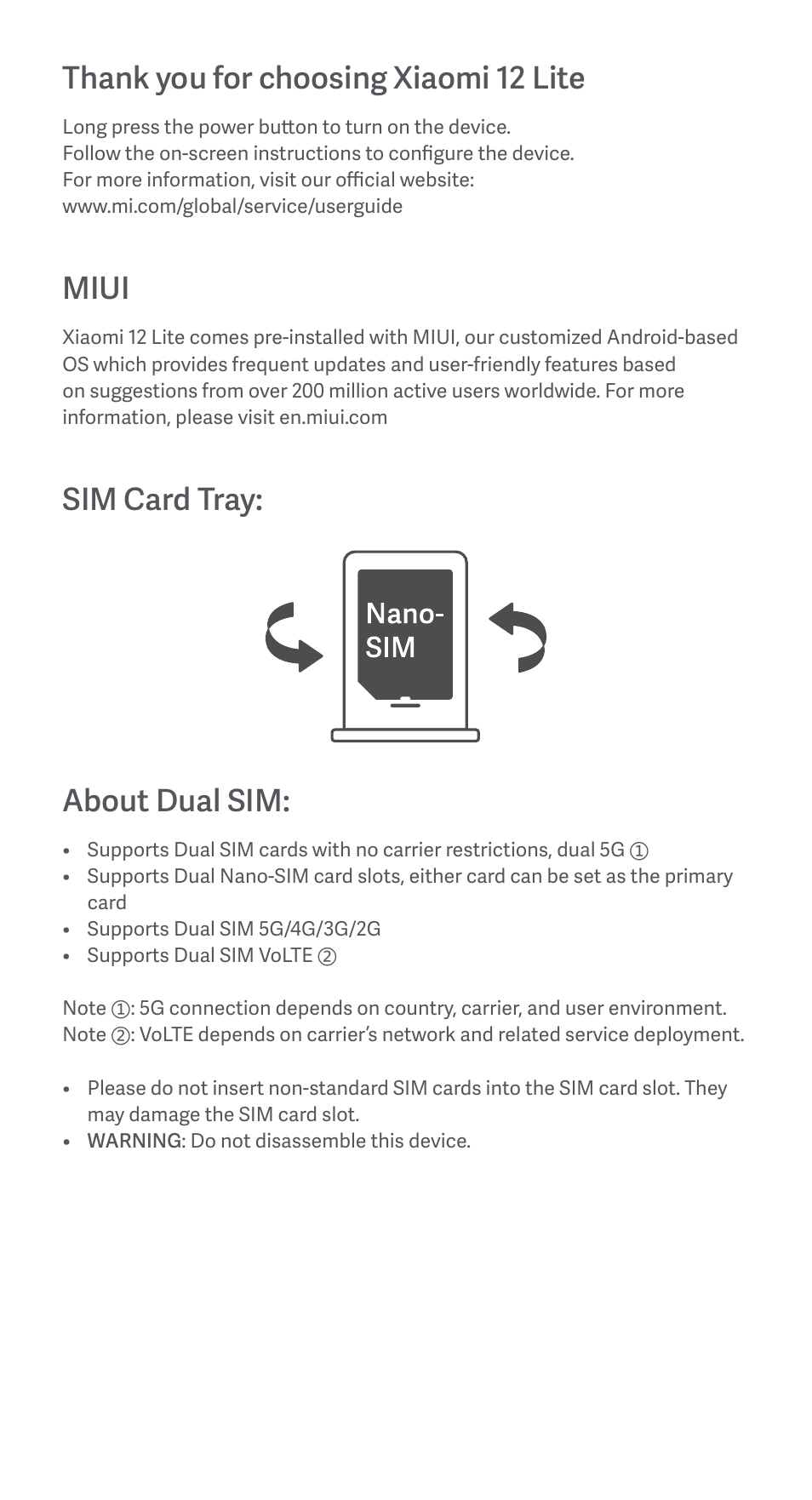 Miui, Sim card tray: about dual sim | Xiaomi 12 Lite User Manual | Page 3 / 26