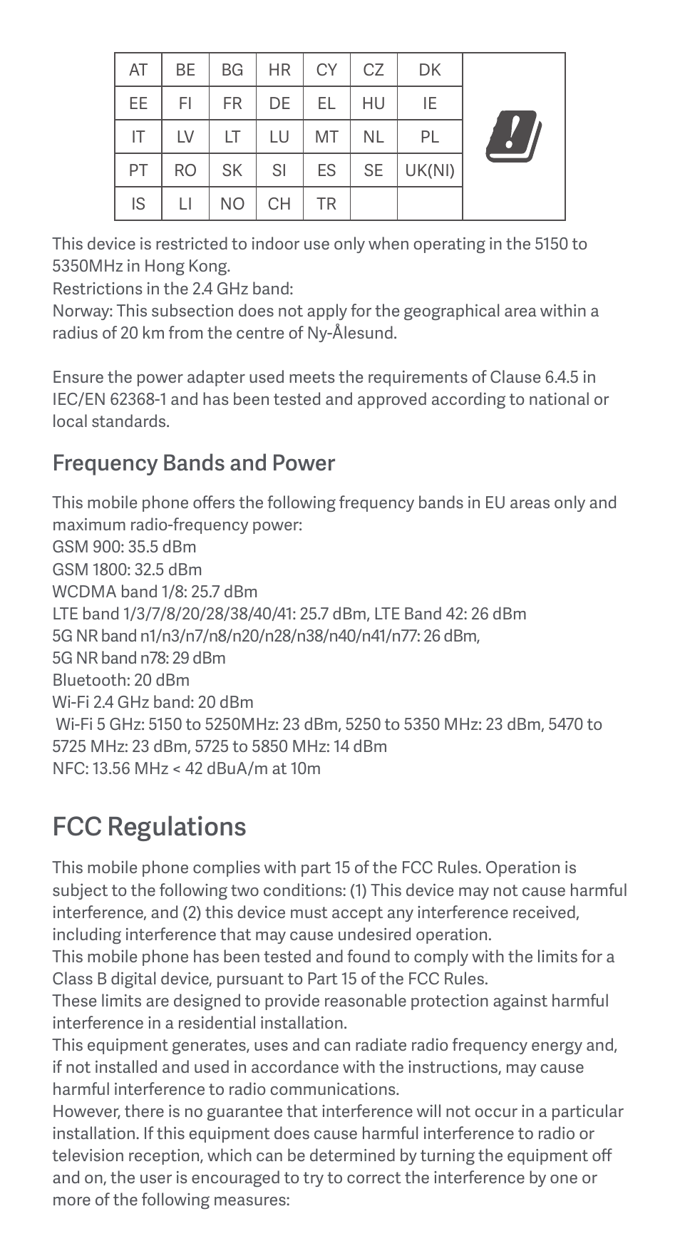 Fcc regulations, Frequency bands and power | Xiaomi 12 Lite User Manual | Page 7 / 26