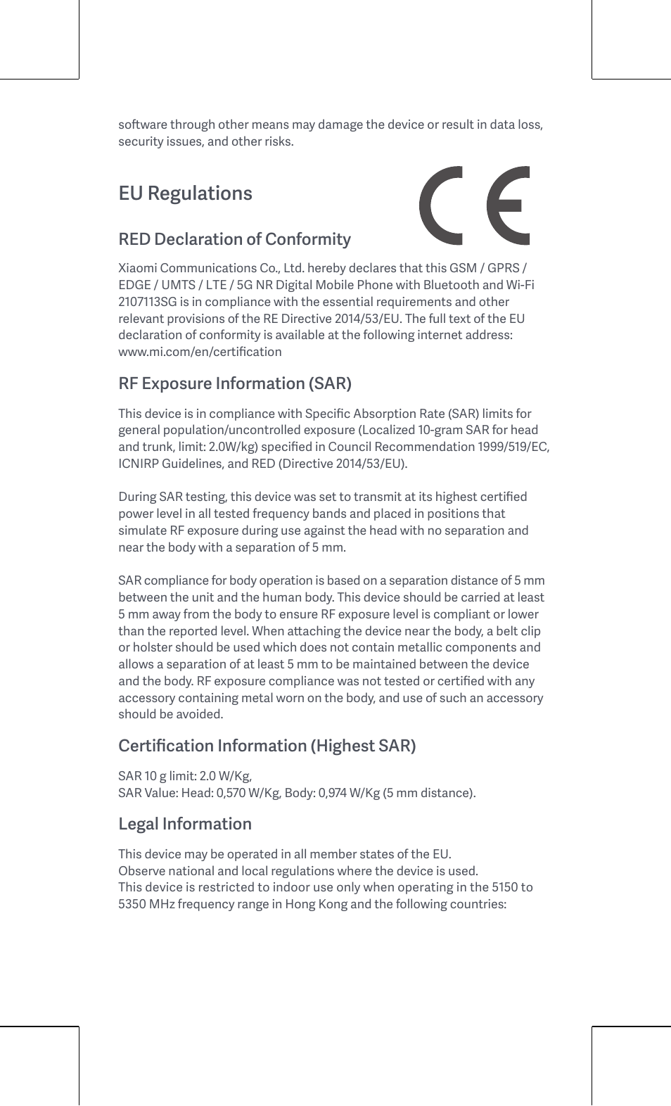 Eu regulations, Red declaration of conformity, Rf exposure information (sar) | Certification information (highest sar), Legal information | Xiaomi 11T Pro User Manual | Page 6 / 26