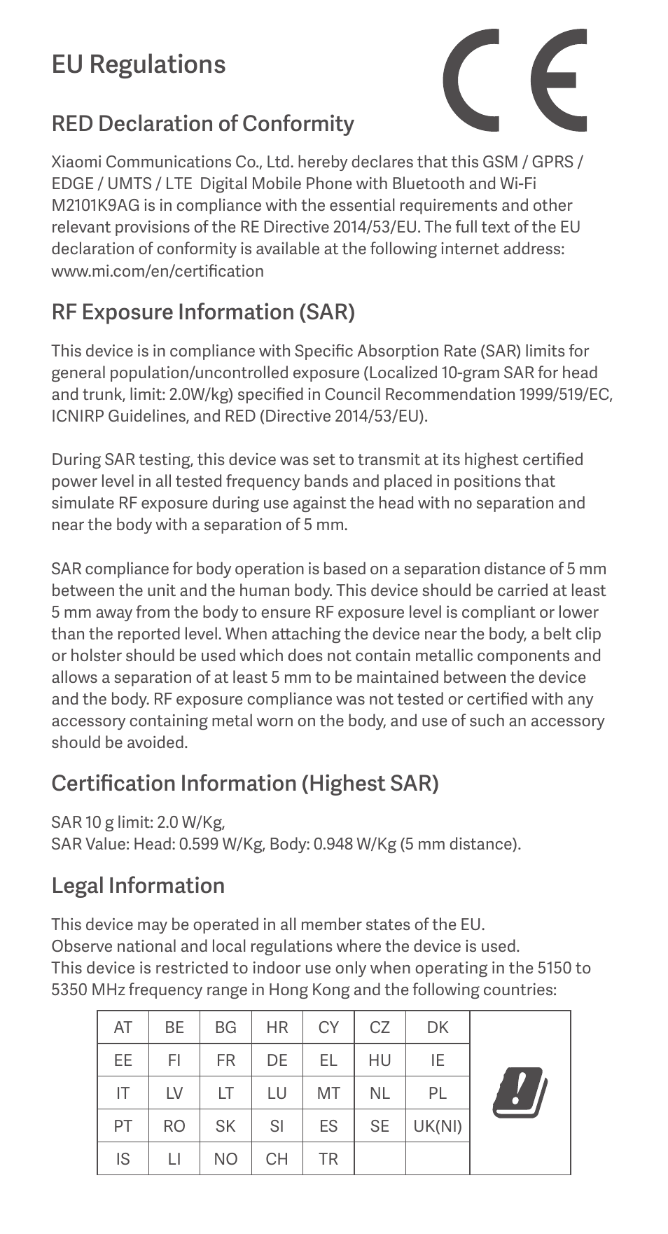 Eu regulations, Red declaration of conformity, Rf exposure information (sar) | Certification information (highest sar), Legal information | Xiaomi Mi 11 Lite User Manual | Page 6 / 24