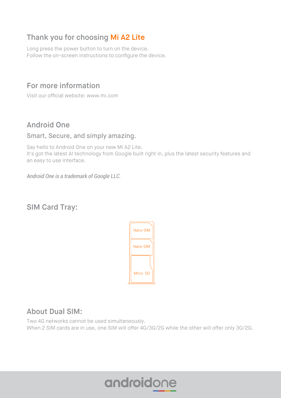 About dual sim: sim card tray: android one, For more information | Xiaomi Mi A2 Lite User Manual | Page 3 / 8