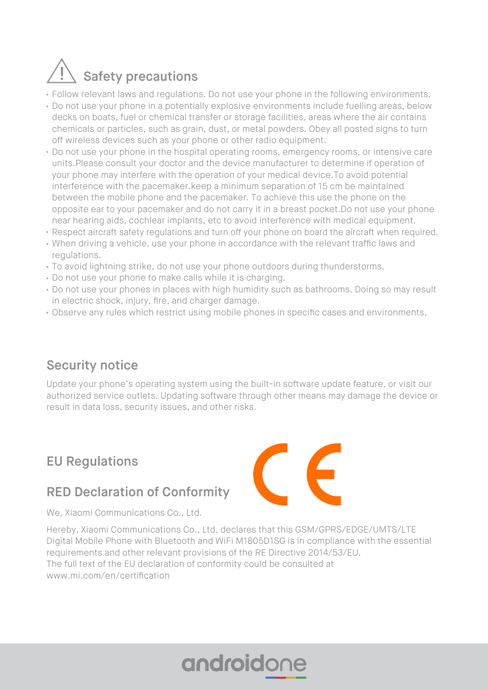 Red declaration of conformity, Eu regulations, Security notice safety precautions | Xiaomi Mi A2 Lite User Manual | Page 5 / 8