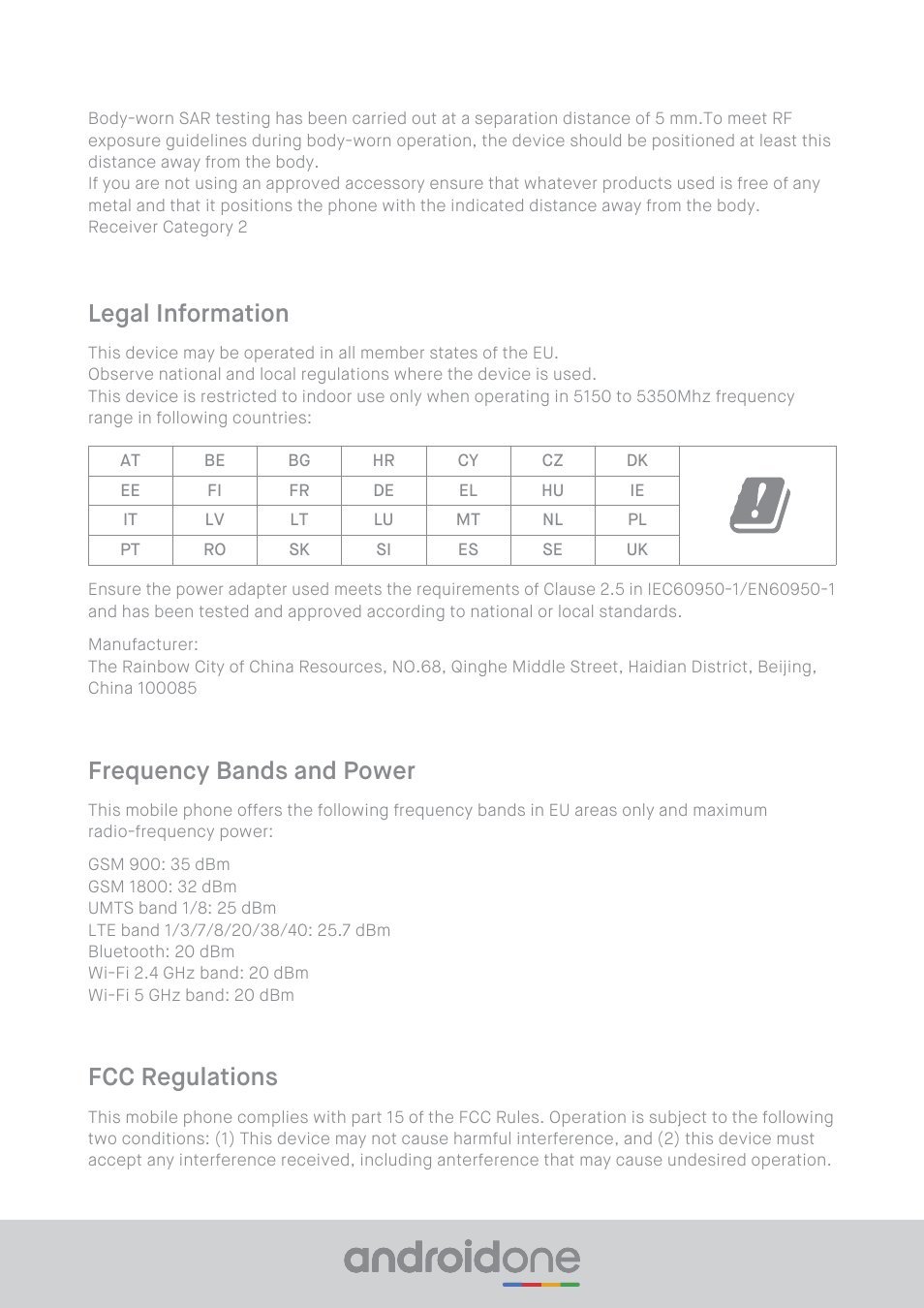 Frequency bands and power, Fcc regulations, Legal information | Xiaomi Mi A2 Lite User Manual | Page 6 / 8