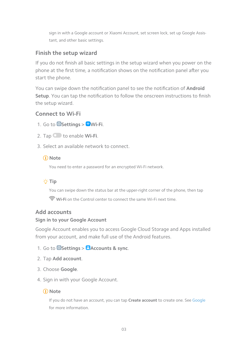 Finish the setup wizard, Connect to wi-fi, Add accounts | Sign in to your google account | Xiaomi MIUI 14 User Manual | Page 10 / 166