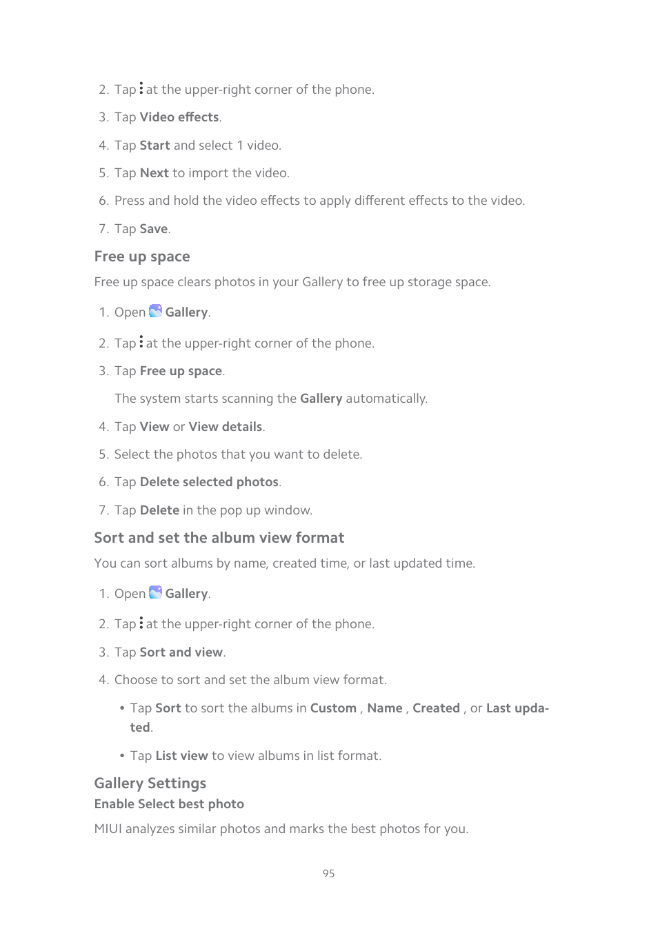 Free up space, Sort and set the album view format, Gallery settings | Enable select best photo | Xiaomi MIUI 14 User Manual | Page 102 / 166