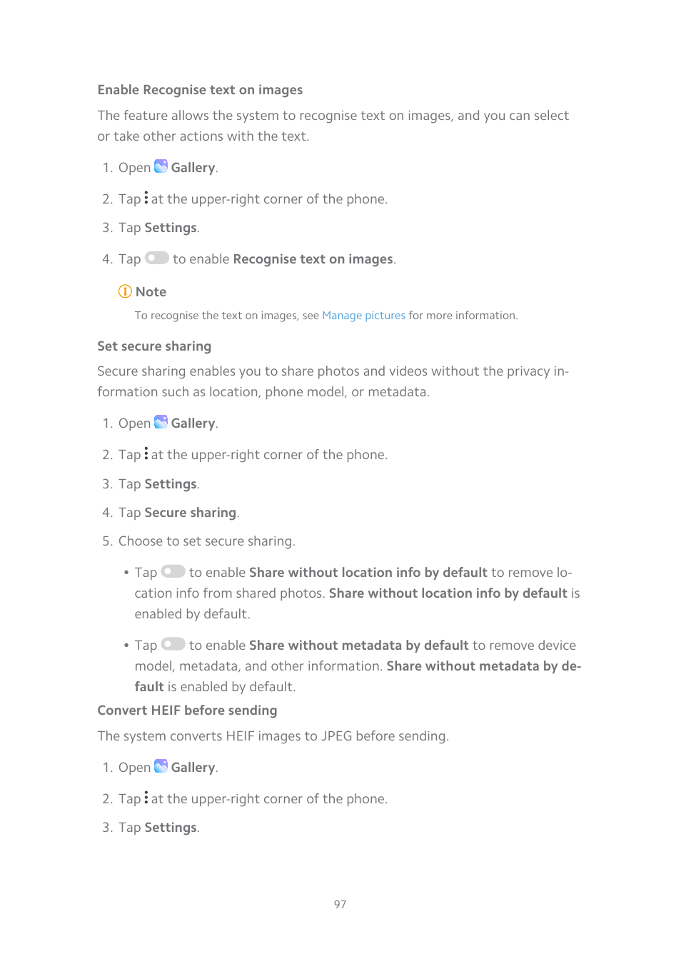 Enable recognise text on images, Set secure sharing, Convert heif before sending | Xiaomi MIUI 14 User Manual | Page 104 / 166