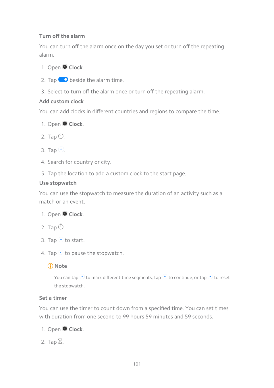 Turn off the alarm, Add custom clock, Use stopwatch | Set a timer | Xiaomi MIUI 14 User Manual | Page 108 / 166