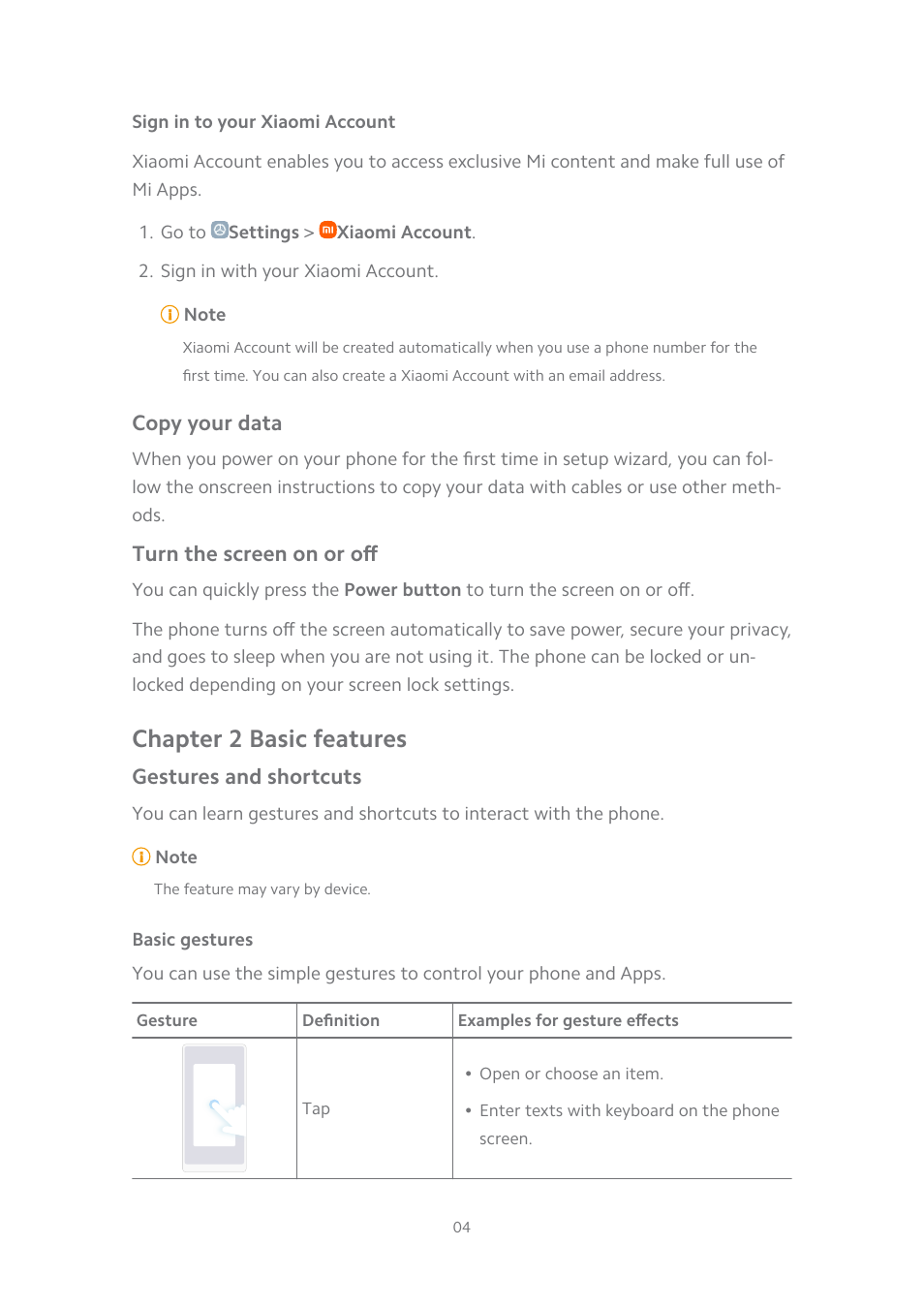 Sign in to your xiaomi account, Copy your data, Turn the screen on or off | Chapter 2 basic features, Gestures and shortcuts, Basic gestures | Xiaomi MIUI 14 User Manual | Page 11 / 166