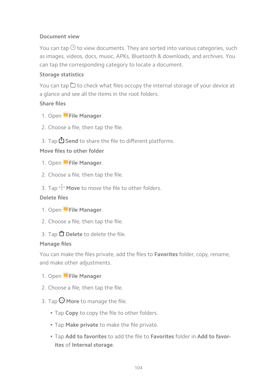 Document view, Storage statistics, Share files | Move files to other folder, Delete files, Manage files | Xiaomi MIUI 14 User Manual | Page 111 / 166