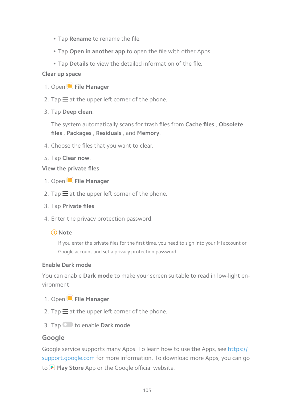Clear up space, View the private files, Enable dark mode | Google | Xiaomi MIUI 14 User Manual | Page 112 / 166