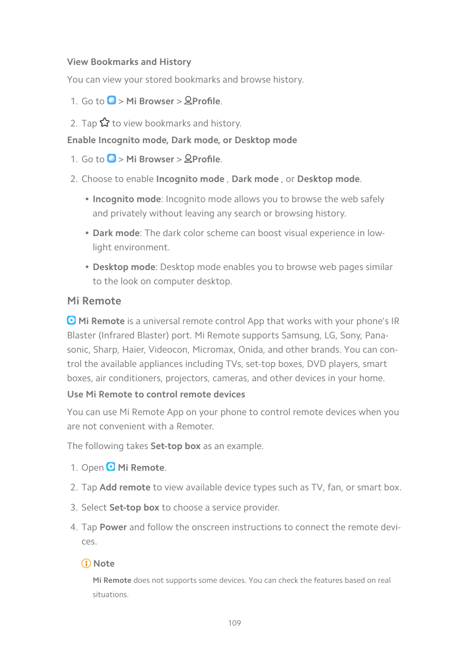 View bookmarks and history, Enable incognito mode, dark mode, or desktop mode, Mi remote | Use mi remote to control remote devices | Xiaomi MIUI 14 User Manual | Page 116 / 166