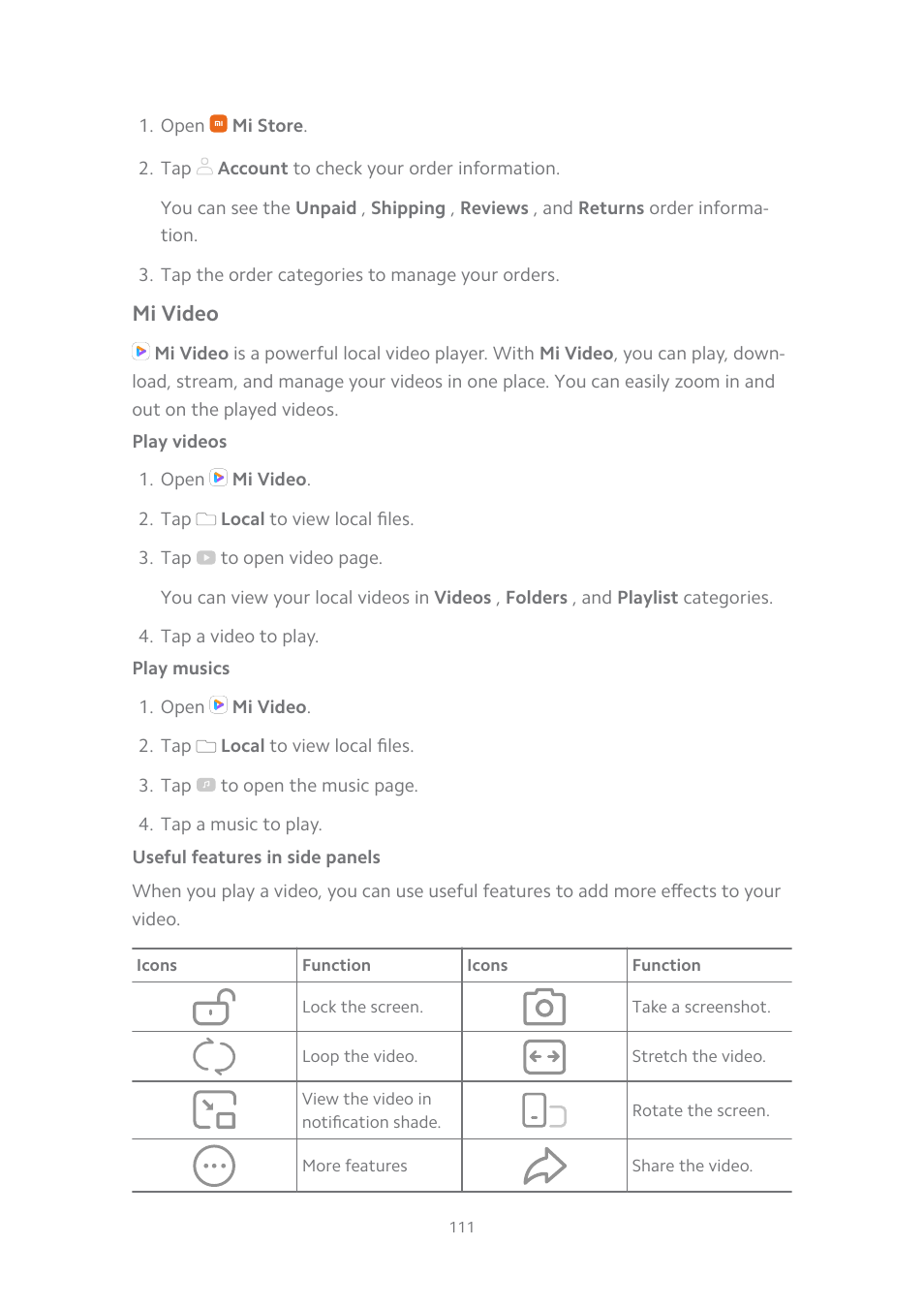 Mi video, Play videos, Play musics | Useful features in side panels | Xiaomi MIUI 14 User Manual | Page 118 / 166