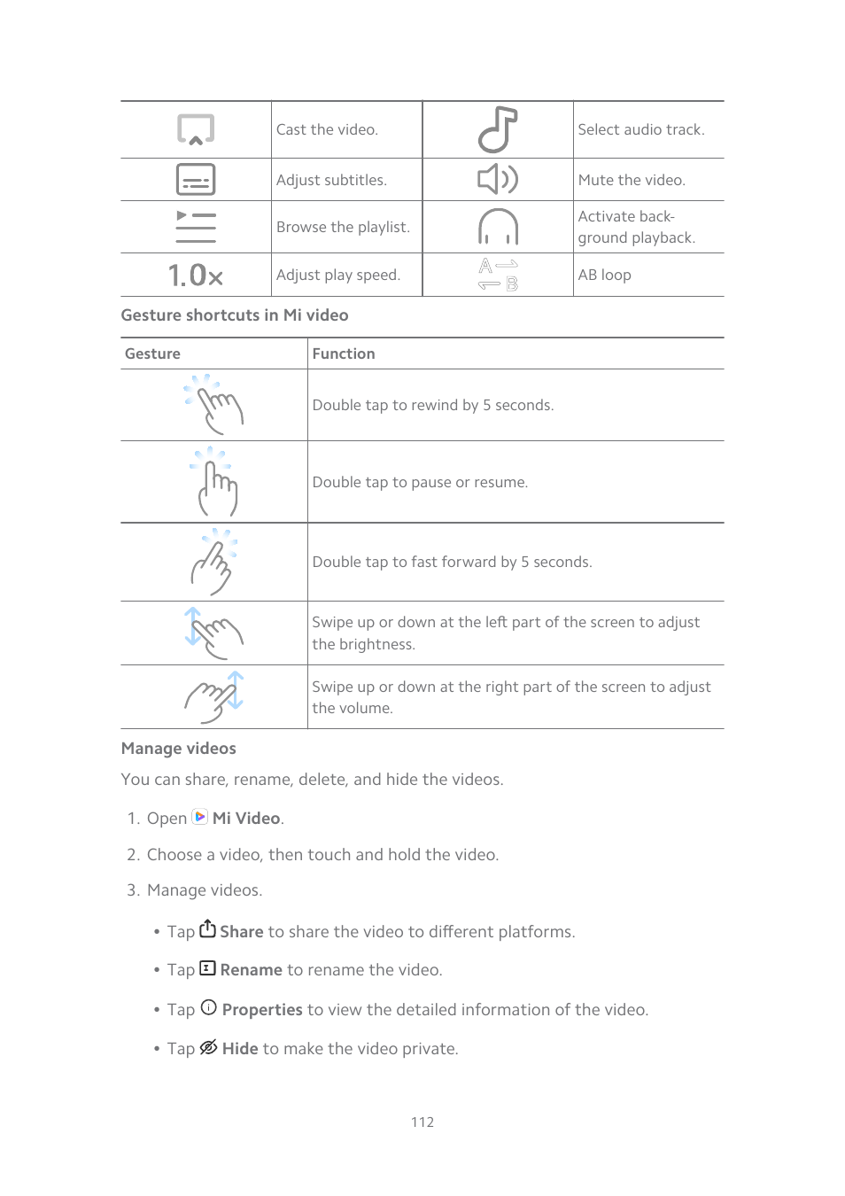 Gesture shortcuts in mi video, Manage videos | Xiaomi MIUI 14 User Manual | Page 119 / 166