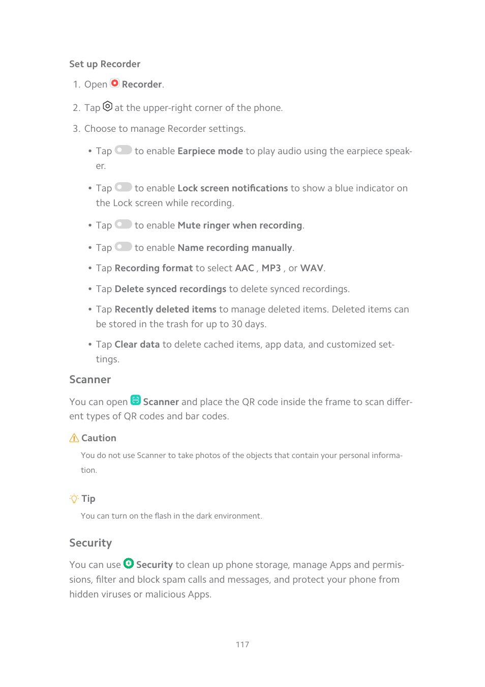 Set up recorder, Scanner, Security | Xiaomi MIUI 14 User Manual | Page 124 / 166