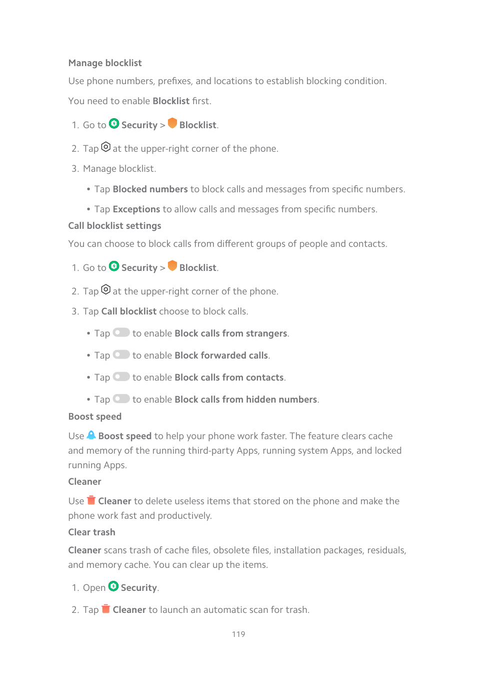 Manage blocklist, Call blocklist settings, Boost speed | Cleaner, Clear trash | Xiaomi MIUI 14 User Manual | Page 126 / 166