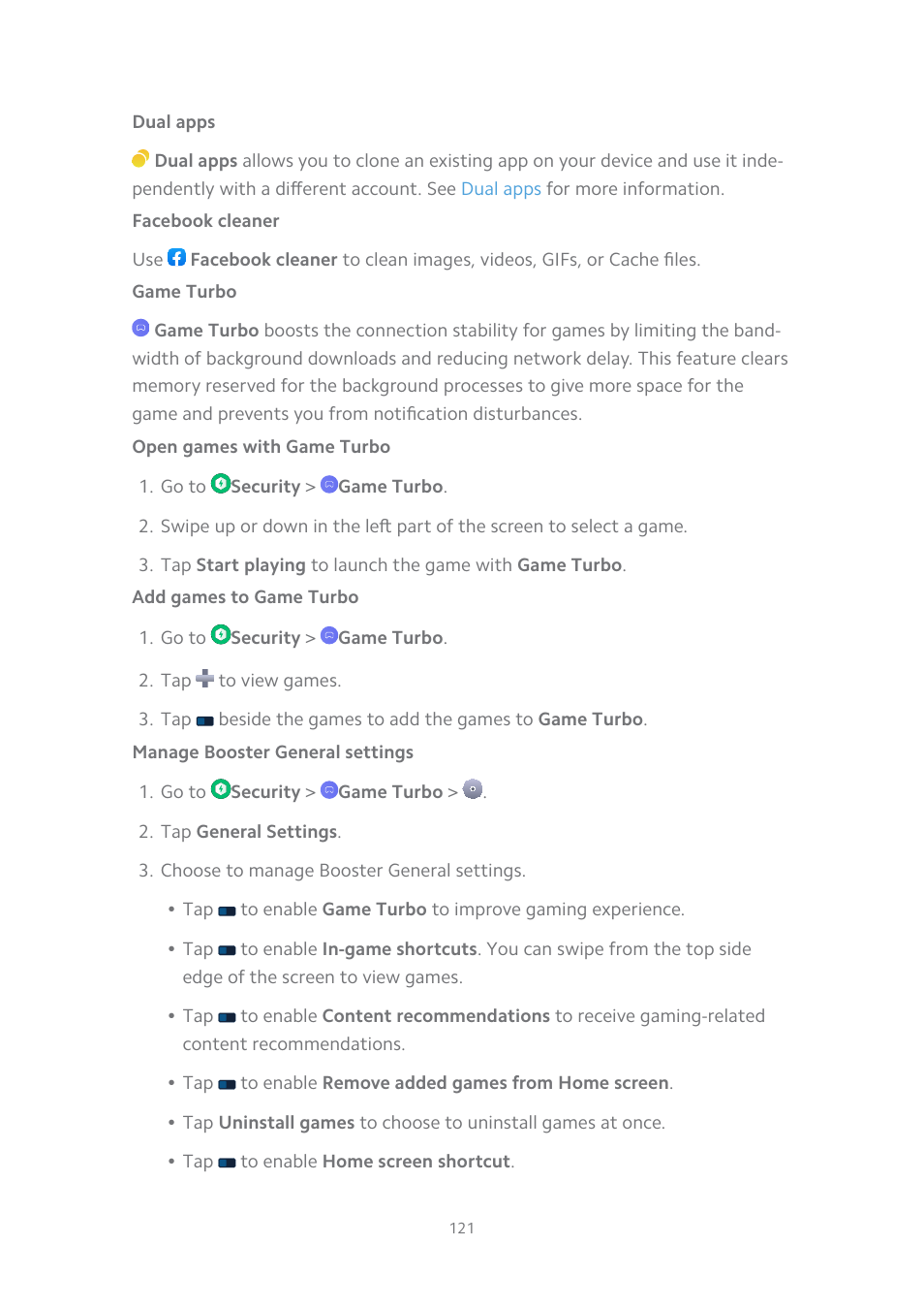 Dual apps, Facebook cleaner, Game turbo | Open games with game turbo, Add games to game turbo, Manage booster general settings | Xiaomi MIUI 14 User Manual | Page 128 / 166