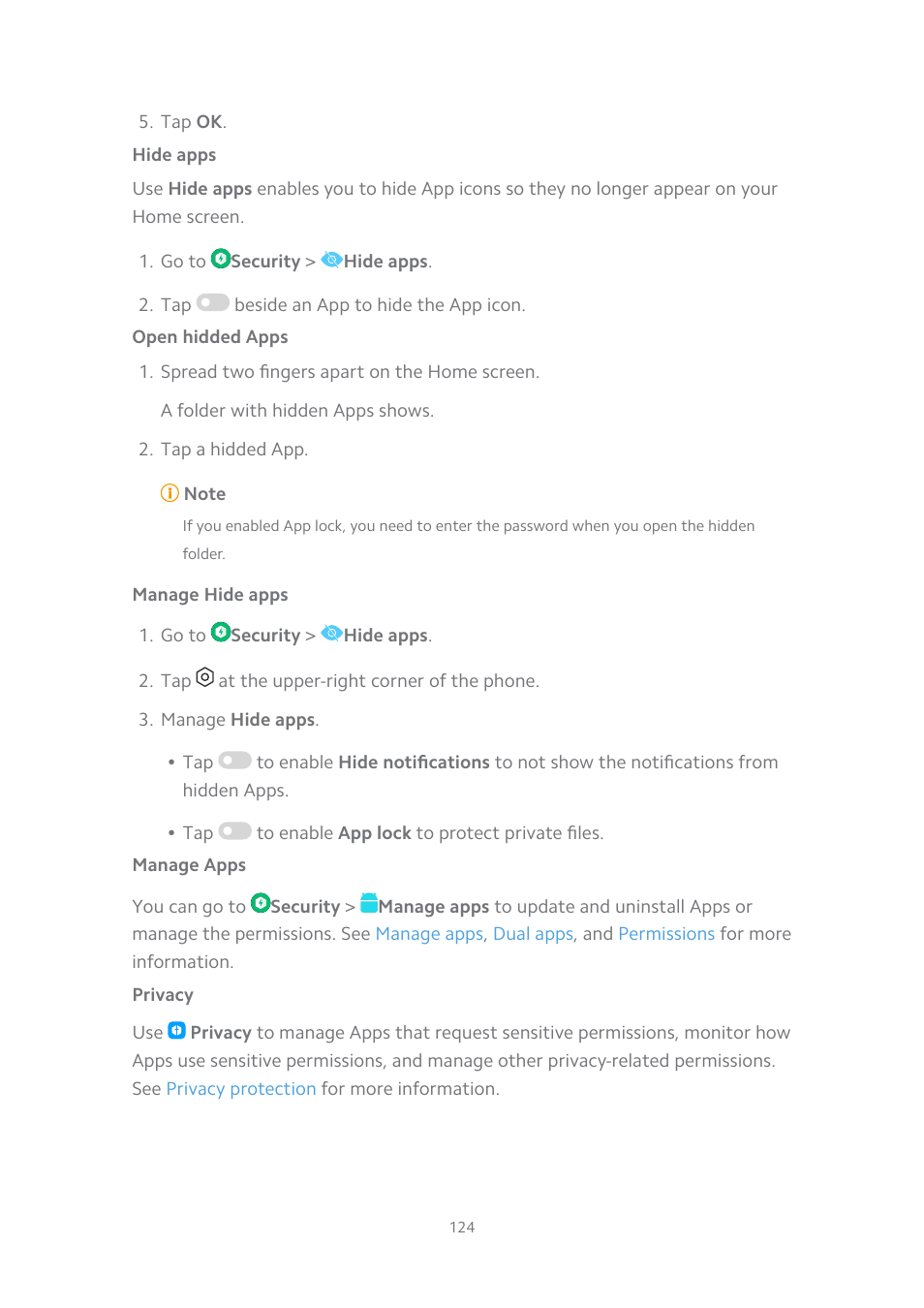 Hide apps, Open hidded apps, Manage hide apps | Manage apps, Privacy | Xiaomi MIUI 14 User Manual | Page 131 / 166