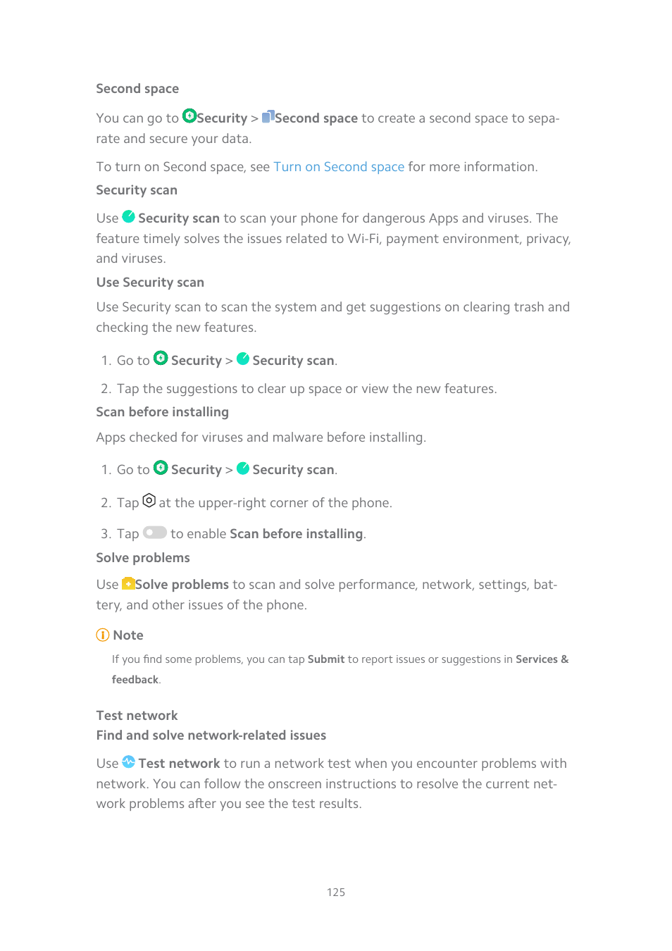 Second space, Security scan, Use security scan | Scan before installing, Solve problems, Test network, Find and solve network-related issues | Xiaomi MIUI 14 User Manual | Page 132 / 166