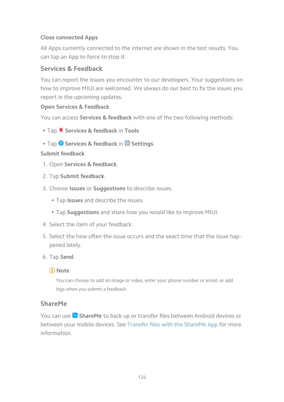 Close connected apps, Services & feedback, Open services & feedback | Submit feedback, Shareme | Xiaomi MIUI 14 User Manual | Page 133 / 166