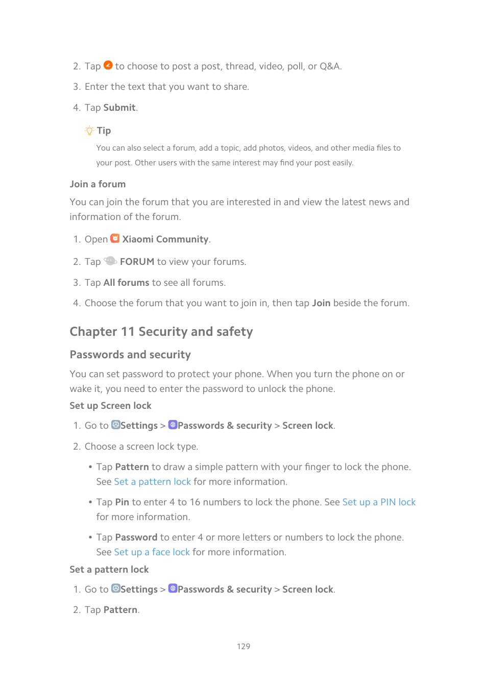 Join a forum, Chapter 11 security and safety, Passwords and security | Set up screen lock, Set a pattern lock, Ou can see, Set up, Screen lock | Xiaomi MIUI 14 User Manual | Page 136 / 166