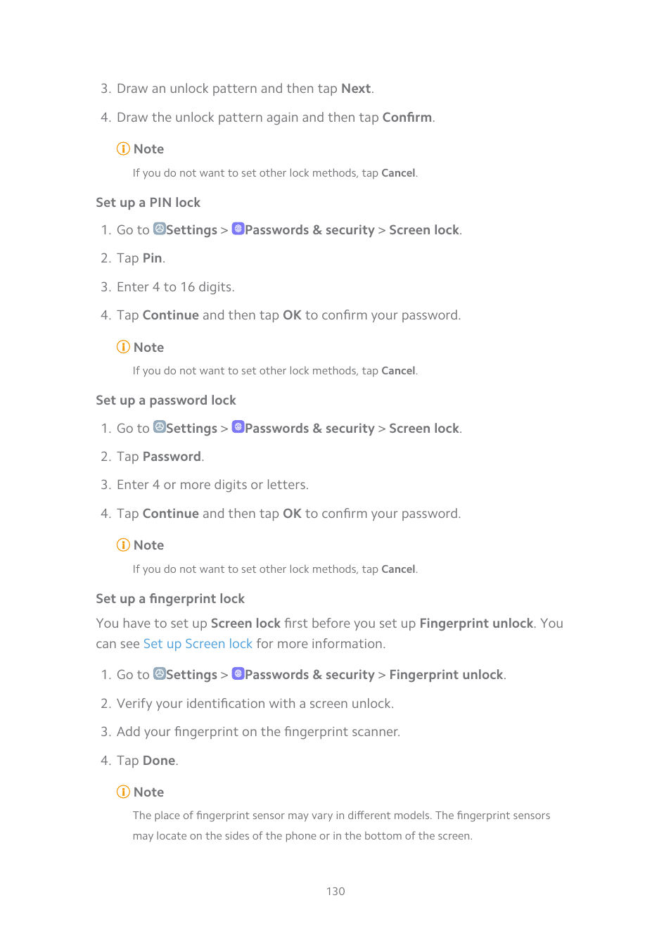 Set up a pin lock, Set up a password lock, Set up a fingerprint lock | Xiaomi MIUI 14 User Manual | Page 137 / 166