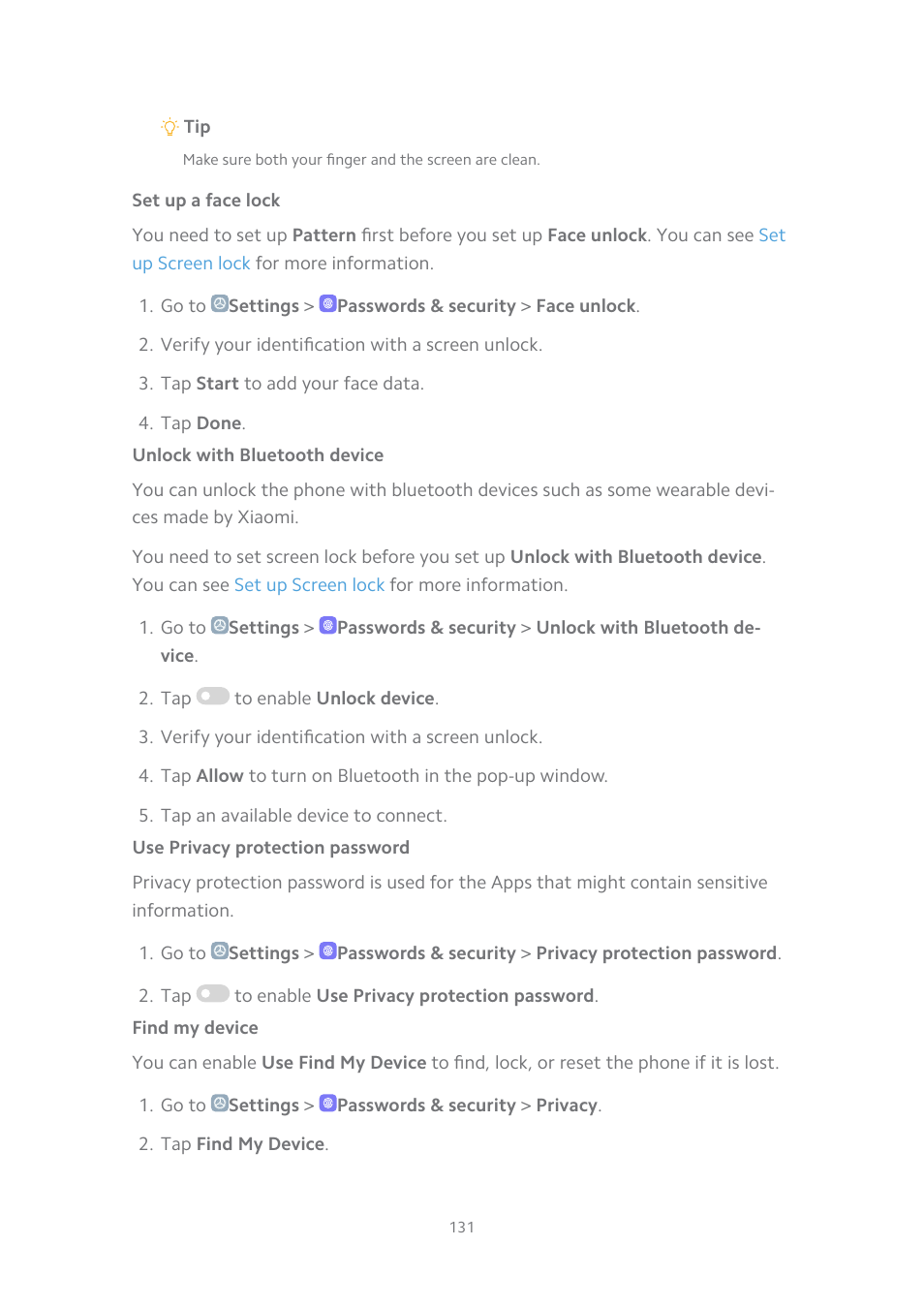 Set up a face lock, Unlock with bluetooth device, Use privacy protection password | Find my device, E data. see | Xiaomi MIUI 14 User Manual | Page 138 / 166