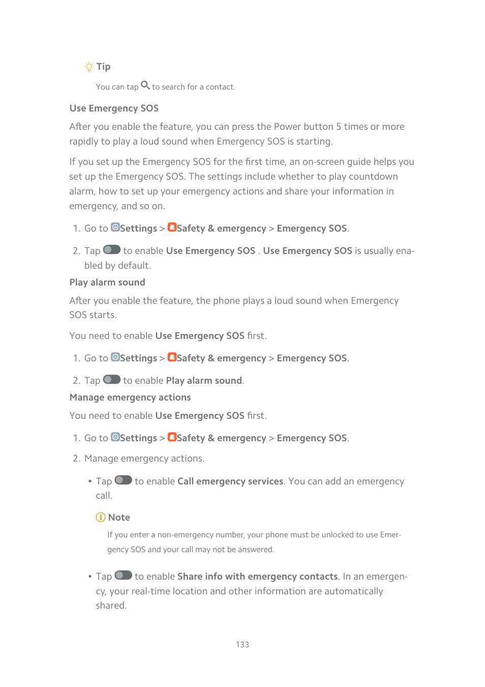 Use emergency sos, Play alarm sound, Manage emergency actions | Xiaomi MIUI 14 User Manual | Page 140 / 166