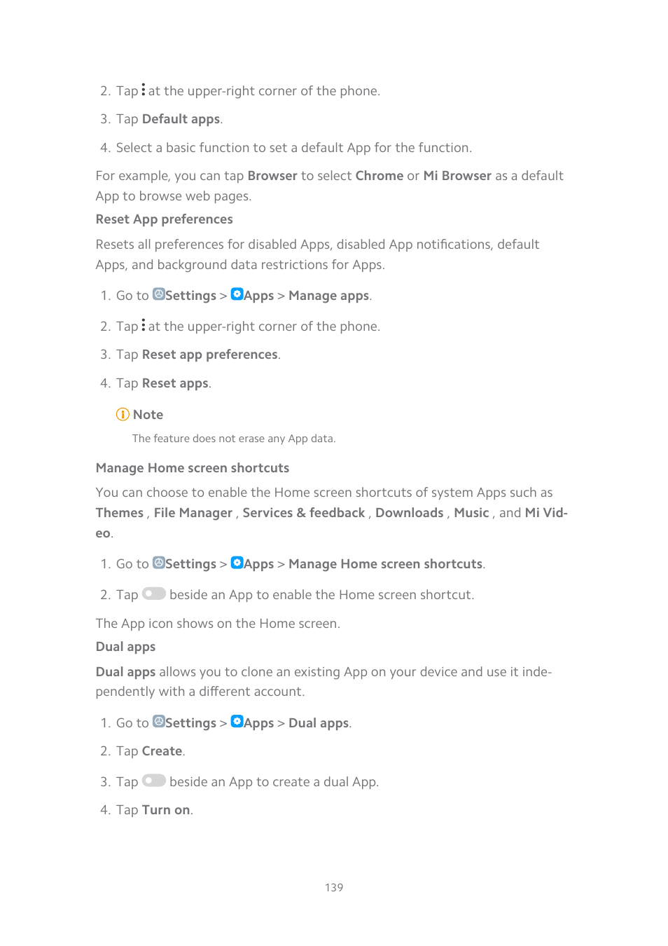 Reset app preferences, Manage home screen shortcuts, Dual apps | Xiaomi MIUI 14 User Manual | Page 146 / 166