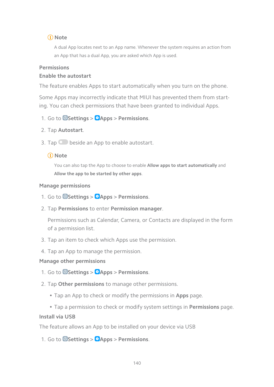 Permissions, Enable the autostart, Manage permissions | Manage other permissions, Install via usb, E permissions. see, Manage permis, Sions | Xiaomi MIUI 14 User Manual | Page 147 / 166