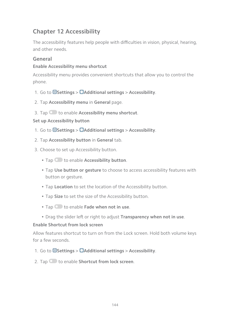 Chapter 12 accessibility, General, Enable accessibility menu shortcut | Set up accessibility button, Enable shortcut from lock screen | Xiaomi MIUI 14 User Manual | Page 151 / 166