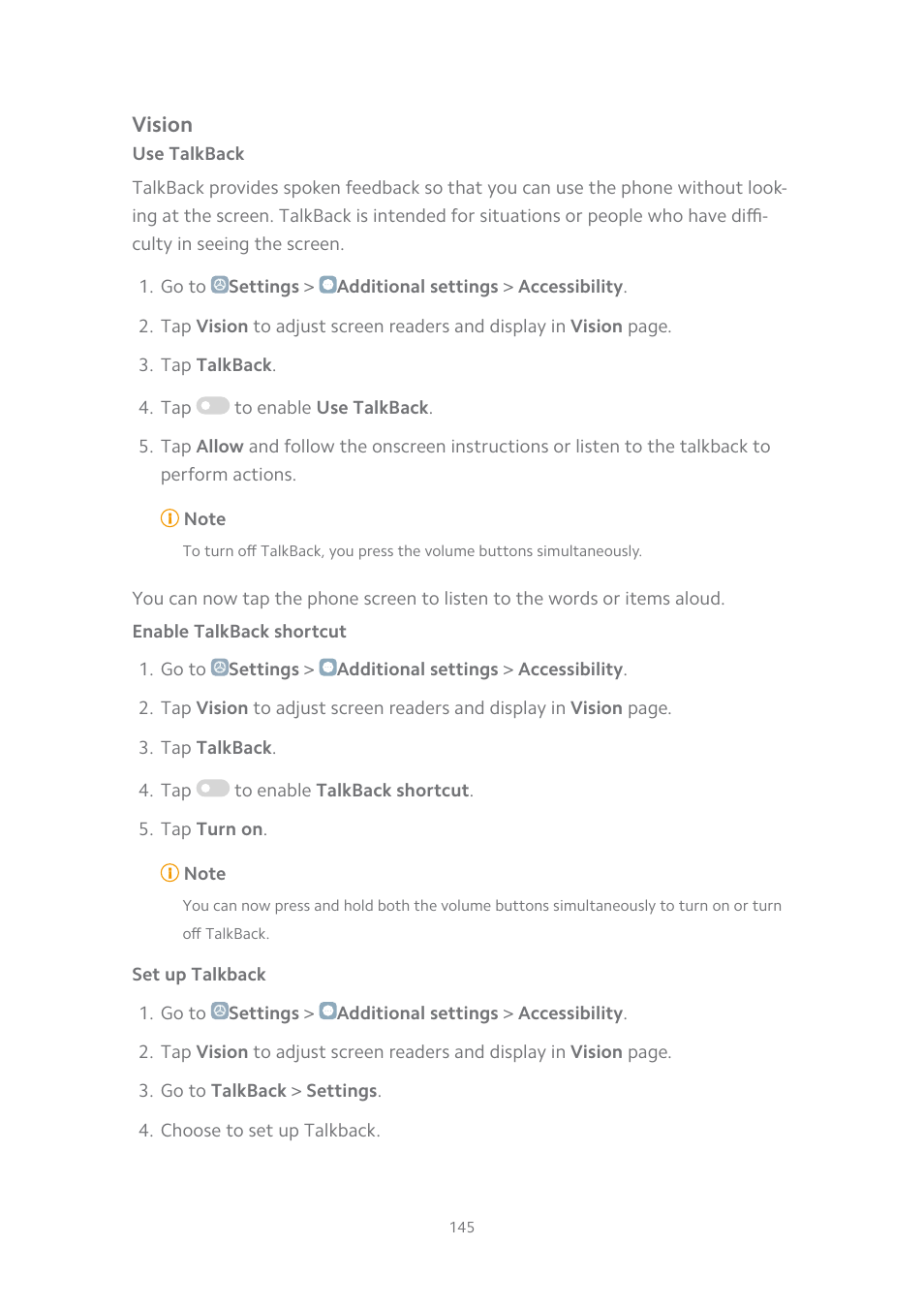 Vision, Use talkback, Enable talkback shortcut | Set up talkback | Xiaomi MIUI 14 User Manual | Page 152 / 166