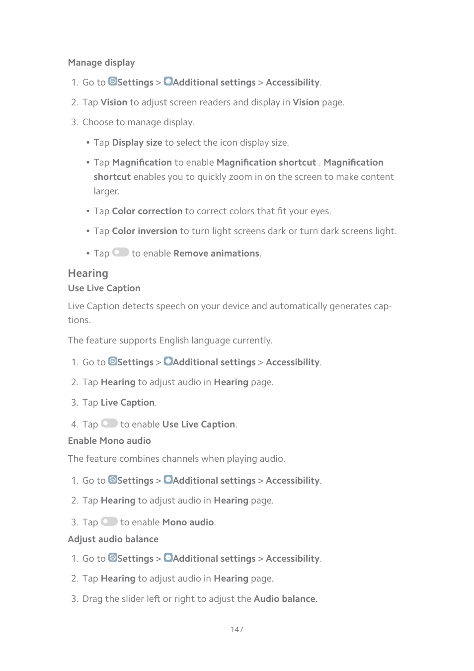 Manage display, Hearing, Use live caption | Enable mono audio, Adjust audio balance | Xiaomi MIUI 14 User Manual | Page 154 / 166
