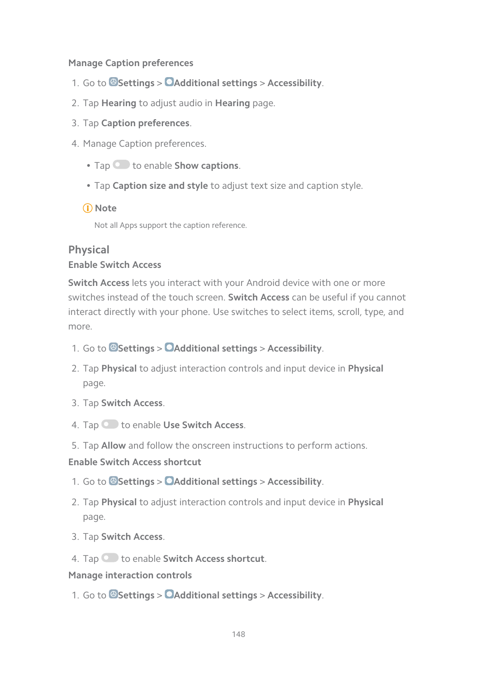 Manage caption preferences, Physical, Enable switch access | Enable switch access shortcut, Manage interaction controls | Xiaomi MIUI 14 User Manual | Page 155 / 166